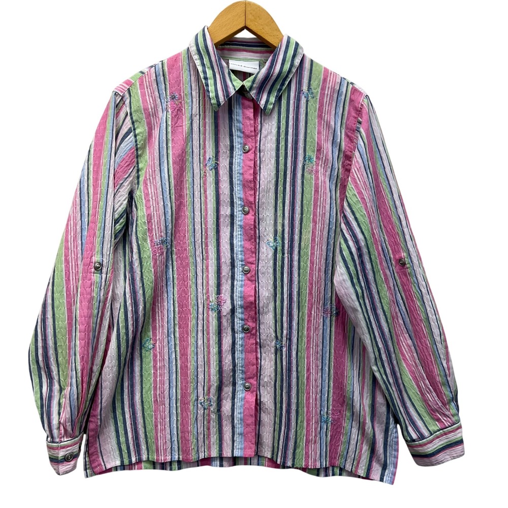 Alfred Dunner Button Down Shirt Womens 18W Striped Embroidered Butterfly Flowers